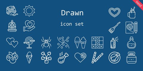 drawn icon set. line icon style. drawn related icons such as smoothie, potion, blueberries, broom, paint, bird cage, decorative, yarn ball, sun, heart, dart board, ice cream, tic tac toe, chinese ink