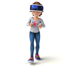 Fun 3D Illustration of a teenage girl with a VR Helmet