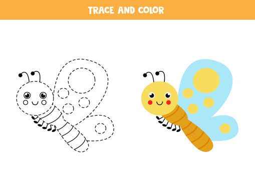Trace and color cute colorful butterfly. Worksheet for kids.