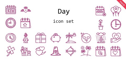 day icon set. line icon style. day related icons such as calendar, rain, father and son, balloon, clover, pilgrim, clock, tulip, heart, cupid, saving, in love, beach, time, savings, present,
