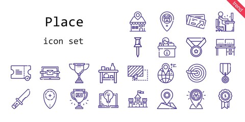 place icon set. line icon style. place related icons such as knife, castle, ticket, pin, desk, medal, location, drag, placeholder, trophy, laptop, shelf,