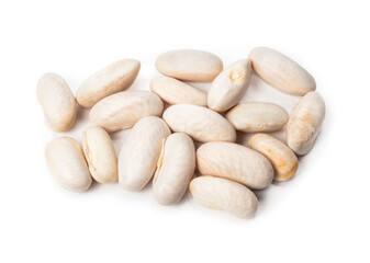 Pile of haricot bean seed for planting in garden soil. Bush or pole beans also known as Golden Wax Beans, Navy Beans or White Pea Bean. Selective focus. Easy and reliable plant. Isolated on white.