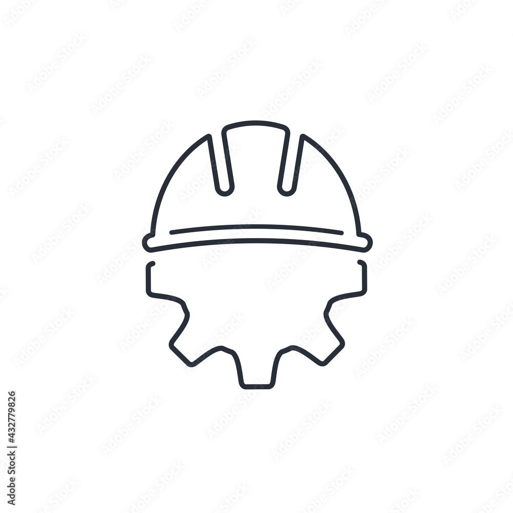 Poster Gear and helmet constructor engineer. Vector linear icon isolated on white background.