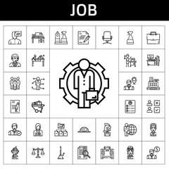 job icon set. line icon style. job related icons such as wheelbarrow, pilot, briefcase, doorman, contract, curriculum, employee, desk chair, skills, candidate, task, folder