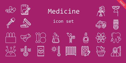 medicine icon set. line icon style. medicine related icons such as needles, pills, test tube, death, mortar, syrup, ambulance, eyedropper, fertilizer, trial, cotton swab, tampon, radiator, bones