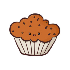 Cute kawaii cartoon muffin isolated on white background. Kawaii sweets. Vector illustration.