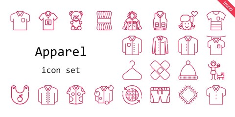 apparel icon set. line icon style. apparel related icons such as patch, earth grid, football jersey, wool, shirt, winter hat, jacket, bib, teddy bear, girl, shorts, hanger,