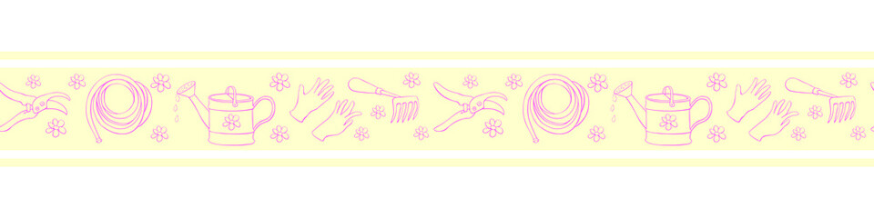 Edging, ribbon, border with outline flowers and garden equipments. Vector seamless pattern, ornament, decorative element, decoration with tools gardening in doodle style