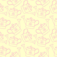 Seamless pattern with watering cans. Hand drawn outline vector background and texture in doodle style, isolated. Gardening tools for working in the garden, on the farm, in the dacha, country site