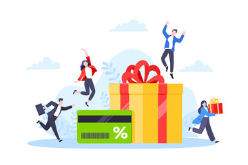 Get loyalty card and customer service business concept flat design vector illustration. Earn loyalty program points and get online reward and gifts. Tiny people with big card and gift box.