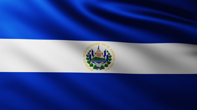 Large Flag of El Salvador Republic fullscreen background in the wind