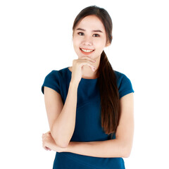 Portrait of a young unhappy asian woman entrepreneur pose in positive advertising gesture over white background. Anxiety, depression concept.