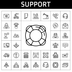 support icon set. line icon style. support related icons such as lifebuoy, headphones, lifesaver, e commerce, ambulance, users, remove user, robot, add user, phone, sos