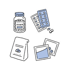 シンプルなタッチ　錠剤や粉薬のイラストレーションセット
