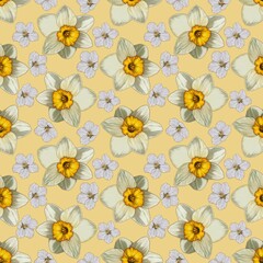Seamless pattern, spring flowers of daffodil and cherry on a yellow background