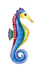 Fototapeta premium Watercolor illustration of a rainbow seahorse. Sea ray fish. Ocean dwellers. Isolated on white background. Hand drawn.