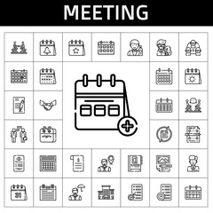 meeting icon set. line icon style. meeting related icons such as calendar, barman, handshake, agreement, contract, office, discussion, team, employee, agenda, planning, professor