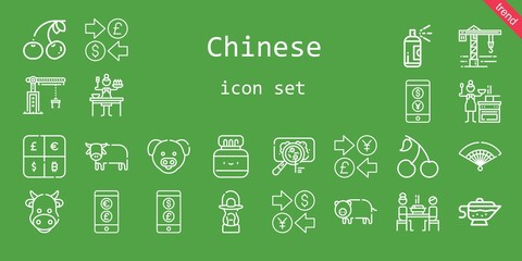 chinese icon set. line icon style. chinese related icons such as cherry, crane, paint, ox, cow, sauce, korean, virus, lantern, pig, fan, chinese ink, currency