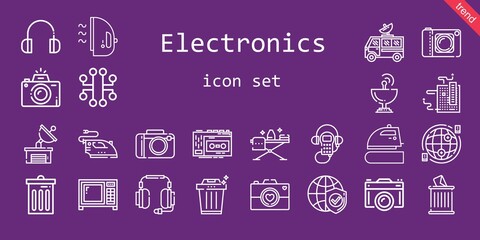 electronics icon set. line icon style. electronics related icons such as recorder, headphones, motherboard, satellite dish, trash, audio guide, electronic, iron, ironing, camera, internet, microwave