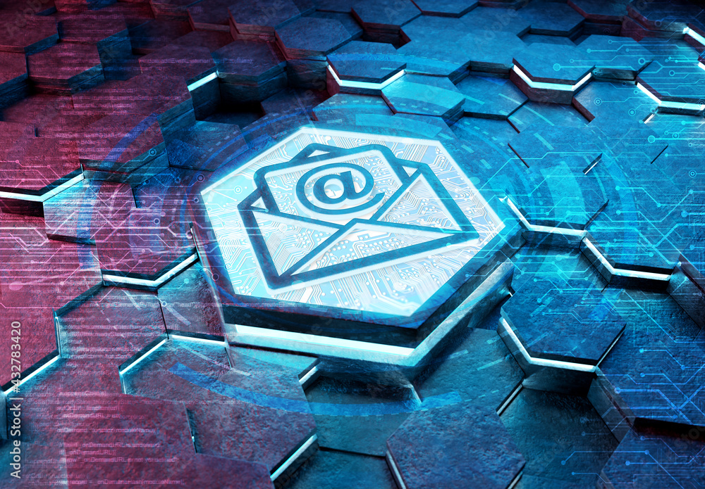 Aufkleber Email icon concept engraved on hexagonal pedestral background. Mail Logo glowing on abstract digital surface. 3d rendering
