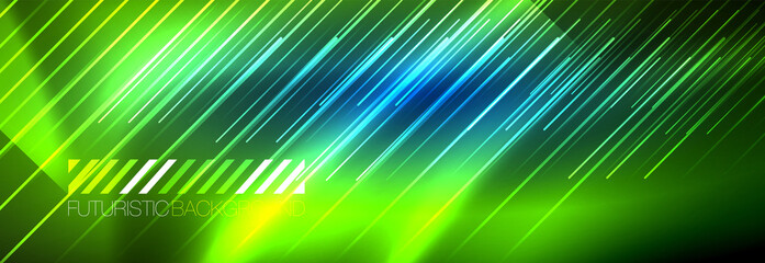 Neon glowing lines, magic energy and light motion background. Vector wallpaper template