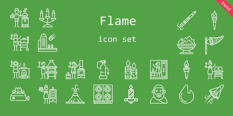 flame icon set. line icon style. flame related icons such as wind sign, brick grill, fire extinguisher, candles, torch, space shuttle, rocket ship, smoker, candelabra, stove, candle, meteorite