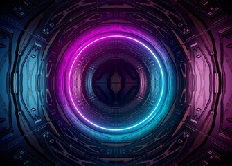 Neon style circle mockup in futuristic piping. Blue and pink modern hologram illuminated by lights in futuristic interior 3D rendering