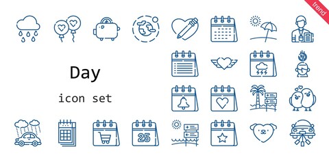 day icon set. line icon style. day related icons such as calendar, love, rain, balloon, raining, heart, wedding car, journalist, saving, environment, love birds, beach, savings,