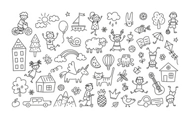 Naklejka premium A set of children drawings. Kid doodle. Children playing and jumping, painted houses, unicorn, cute cat and other black white elements. Vector illustration on white background. Editable stroke