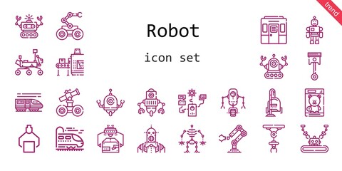 Fototapeta na wymiar robot icon set. line icon style. robot related icons such as robot, mars rover, conveyor, vacuum cleaner, automotive, industrial robot, toy, train,