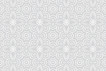 3d volumetric convex embossed geometric white background. Ethnic pattern in doodling style, handmade. Oriental ornament for wallpaper, stained glass, presentations, textiles, website.