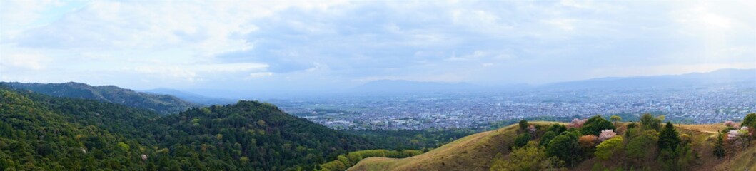 Aerial view of Nara city from Mount Wakakusa (Wakakusa-yama) during spring, Panoramic view - 若草山 山頂展望台からの眺望 桜の花 パノラマ