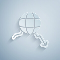 Paper cut Global economic crisis icon isolated on grey background. World finance crisis. Paper art style. Vector