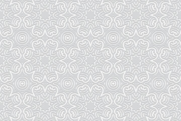 3d volumetric convex embossed geometric white background. Ethnic pattern in doodling style, handmade. Abstract floral ornament for wallpaper, stained glass, presentations, textiles, website.
