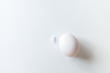 White egg and feather lying on white background