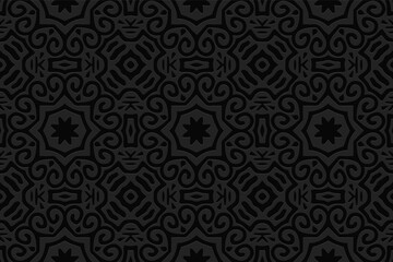 Obraz na płótnie Canvas 3d volumetric convex embossed geometric black background. Ethnic pattern in doodling style, handmade. Moroccan ornament for wallpaper, stained glass, presentations, textiles, website.