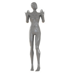 A grey abstract female mannequin stands holding up her head and fingers up against a white background. 3d rendering