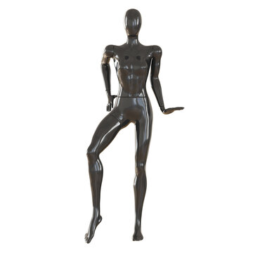 A black female abstract mannequin stands with one leg bent and holding a hand near the waist on a white background. Front view. 3d rendering