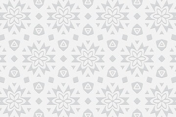 3d volumetric convex embossed geometric white background. Ethnic pattern in doodling style, handmade. Trendy oriental ornament for wallpaper, stained glass, presentations, textiles, website.