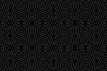 3d volumetric convex embossed geometric black background. Ethnic pattern in doodling style, handmade. Fashionable Aztec ornament for wallpaper, stained glass, presentations, textiles, website.