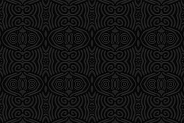 3d volumetric convex embossed geometric black background. Ethnic pattern in doodling style, handmade. Colorful Aztec ornament for wallpaper, stained glass, presentations, textiles, website.