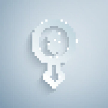 Paper cut Dollar rate decrease icon isolated on grey background. Cost reduction. Money symbol with down arrow. Business lost crisis decrease. Paper art style. Vector