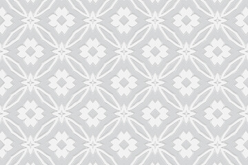 Fototapeta premium 3d volumetric convex embossed geometric white background. Ethnic pattern in doodling style, handmade. Figured beautiful oriental ornament for wallpaper, stained glass, presentations, textiles, website