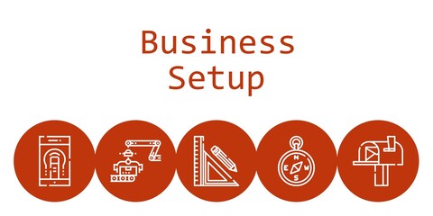 business setup background concept with business setup icons. Icons related smartphone, mailbox, compass, stationery, industrial robot