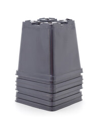 Black plastic flower pots.