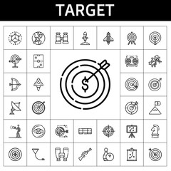 target icon set. line icon style. target related icons such as goal, modeling, funnel, binoculars, advertising, bowling, air hockey, binocular, dart board, target, vision