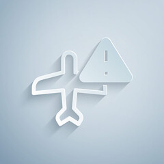 Paper cut Warning aircraft icon isolated on grey background. Faulty plane. Flying prohibition zone. Plane is forbidden for transportation and travelling. Paper art style. Vector