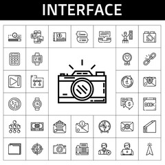 interface icon set. line icon style. interface related icons such as cursor, next, calculator, link, clock, favourite, photo camera, progress bar, dollar, timer, radar