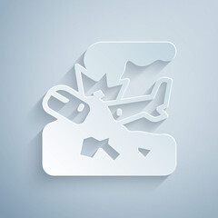 Paper cut Plane crash icon isolated on grey background. Paper art style. Vector