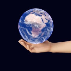 Blue globe in hand. Realistic 3d illustration